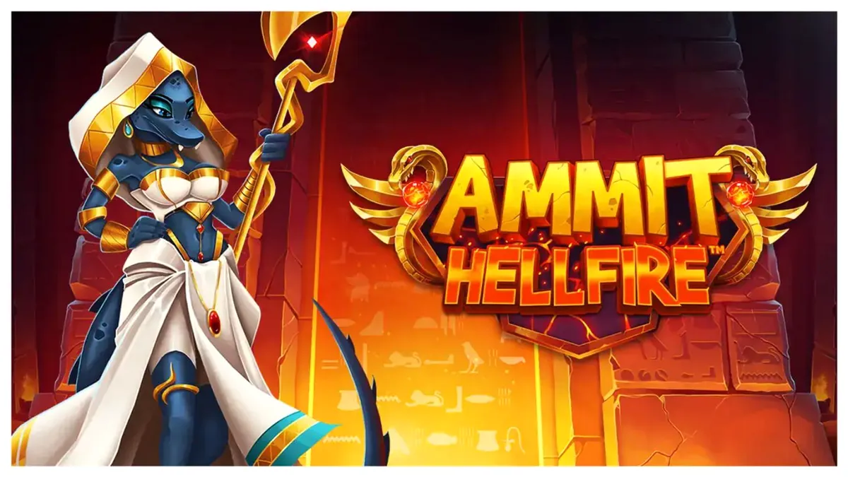 Ammit Hellfire slot game interface featuring the Egyptian goddess and vibrant reel symbols.