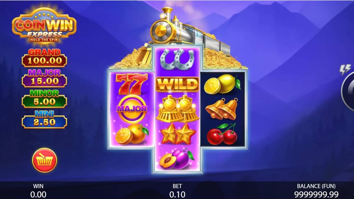 Tampilan visual slot Coin Win Express dengan simbol kereta dan koin emas